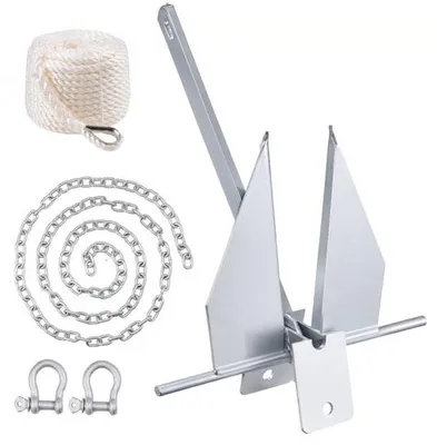 Produktbild von Fluke-Ankerset 4 kg - Feuerverzinkter Fluke-Anker aus Stahl - Bootsanker für kleine Schiffe unter 5,49 m - 2,4 m Kette, 22,86 m Seil, 2x 9 mm Schäkel - Für Meere, Flüsse und Küsten