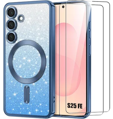 Image de Coque + 2 Verres Trempés pour Samsung Galaxy S25 FE, Silicone avec Protection Objectif et Cercle Magnétique - Bleu Pailleté