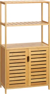 Image de kleankin Meuble salle de bain en bambou, armoire salle de bain sur pied avec 2 étagères ouvertes et double porte à lattes, meuble de rangement pour salon, chambre, toilette, 60 x 30 x 120 cm, naturel