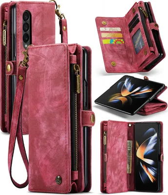 Produktbild von Schutzhülle für Galaxy Z Fold4, Vintage Multifunktions Lederhülle, Kartenfächer, Reißverschluss Hülle für Samsung Galaxy Z Fold 4 5G Rot