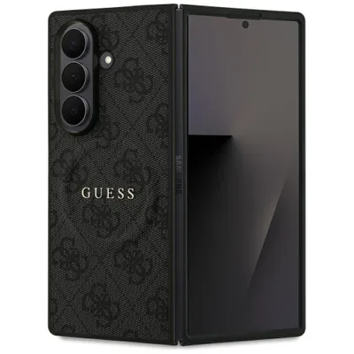 A folded smartphone with a patterned case is shown against a white background.