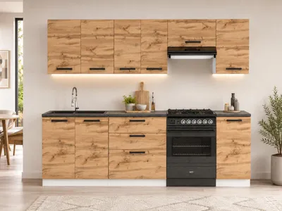 Produktbild von ULWEHOME | Küchenzeile 240 cm Eiche Wotan, Küchenmöbel-Set mit Hängeschränken, 3-Schubladen-Unterschrank & geteilter Arbeitsplatte 100 cm, KI-generiertes Bild