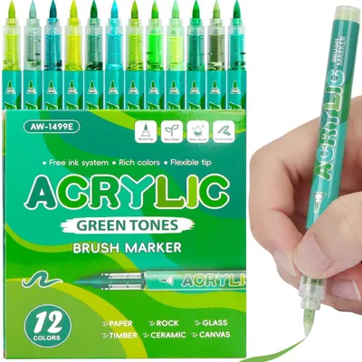 Zdjęcie produktu dla Zestaw 12 markerów akrylowych, wodoodpornych, z gradientem kolorów, do malowania na kamieniach, szkle, drewnie i tkaninach, kolor zielony