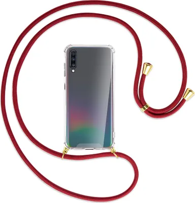 Produktbild von Handykette Backcover-Schutzhülle mit Band (Metall goldfarben) für Samsung Galaxy A70 - dunkelrot