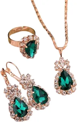 Produktbild von 3 Teile/satz Ohr Clip Helle Farbe Legierung Halskette Ohrringe Ring Set Wasser Tropfen Strass Anhänger Halskette Ohrringe Ring Schmuck Zubehör-Grün