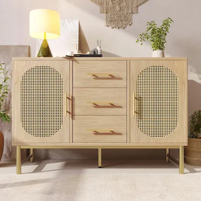 Image de Commode rotin, 3 tiroirs + 2 portes rotin, rangement, coiffeuse chambre/salon, étagères réglables, anti-bascule, 120x40x74 cm, chêne Sonoma