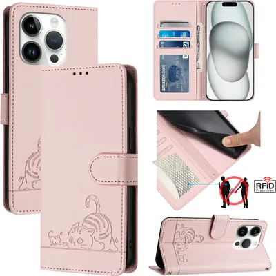 Produktbild von Leder Hülle für iPhone 14 Pro Süße Katze Flip Case Brieftasche Schutzhülle mit Standfunktion Pink
