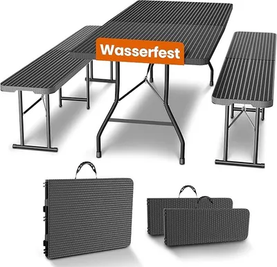 Produktbild von Bierzeltgarnitur Polyrattan Klappbar – Tisch & 2 Bierbänke | Biertischgarnitur Kunststoff mit Tragegriffen, Festzeltgarnitur & Gartengarnitur 3er Set, wetterfest, Schwarz, 180x75x75 cm