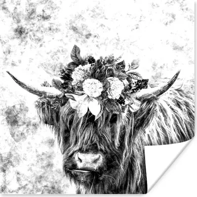 Produktbild von MuchoWow® Poster Schottischer Highlander - Blumen - Schwarz - Weiß 100x100 cm - Babyzimmer