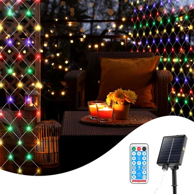Image de Jayseuw LED Solar Lightnet 2x2M Coloré Chaîne de lumière éclairage de Noël Rideau lumineux intérieur extérieur Décoration 8 modes IP44