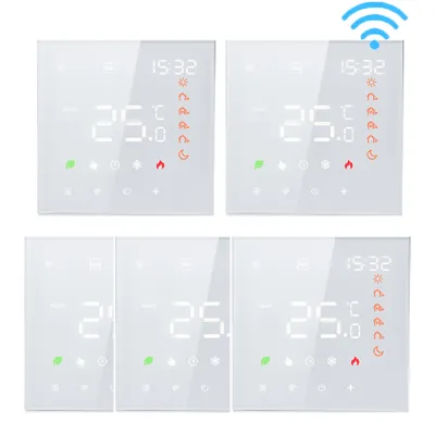 A collage of four smart thermostats, each displaying temperature and mode icons.