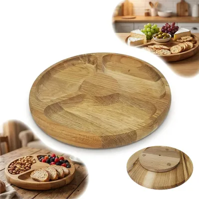 Immagine prodotto di Tagliere girevole in legno per servire snack | diametro 34 cm | 3 COMPARTIMENTI, legno di quercia
