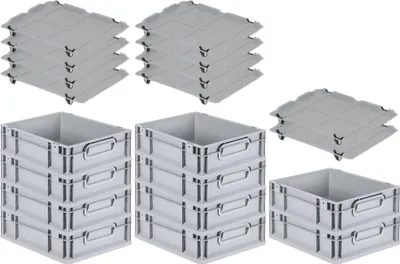 Produktbild von SparSet 10x Eurobox NextGen Grip mit Auflagedeckel inkl. 4 schwarzen Schiebeschnappverschlüssen | HxBxT 12x30x40cm | 11 Liter | Grau | Griffe geschlossen | Glatter Boden | Eurobehälter, Transportbox, Transportbehälter, Stapelbehälter