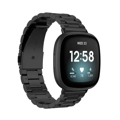 A black smartwatch with a metal band is displayed against a white background.
