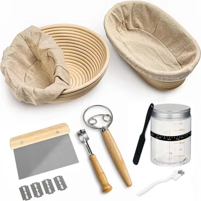 Produktbild von 8-teiliges Brotbakset mit Fermentationskorb aus Riet - Sauerteig Starterset und Backzubehör für das Brotbacken