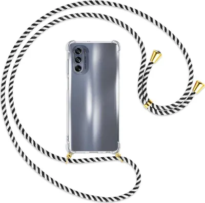 Produktbild von Handykette Backcover-Schutzhülle mit Band (Metall goldfarben) für Motorola Moto G62 5G (6.5'') - schwarz/weiß gestreift