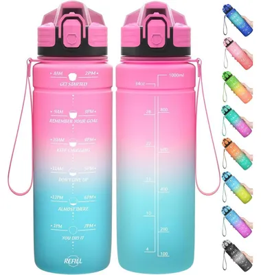Obrázek produktu pro Sportovní láhev na pití, 1000 ml, růžovo-zelená, s ochranou proti úniku, s časovým značením, bez BPA, vyrobená z materiálu Tritan