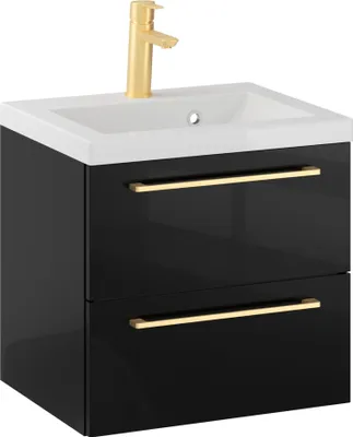 Produktbild von Rosen 50 cm Badezimmerschrank in Schwarz Hochglanz mit Waschbecken und Gold gebürstetes Griffen - Zeitloses Design für ein elegantes Bad