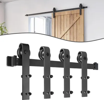 A collage showing a sliding door system installed on a wooden door and a close-up of the hardware.
