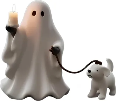 Produktbild von Geisterwelpen-Kerzenhalter, süßer weißer Geist, laufender Hund, Kerzenständer aus Kunstharz, Tischfigur für Halloween, Heimregal, Schreibtischdekoration