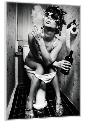 Produktbild von Wallario Wandbild Kloparty - Sexy Frau auf Toilette mit Zigarette und Schnaps, Größe: 70,30 x 100,30 cm, Poster mit weißem Kunststoffrahmen
