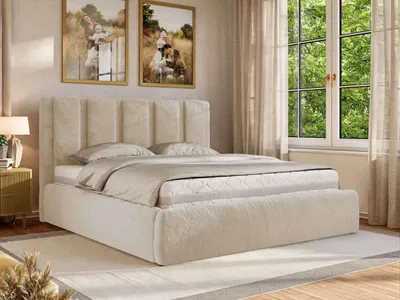 Produktbild von MKS MEBLE Polsterbett SAVINO CLASSIC mit Bettkasten & Stauraum, Doppelbett 160 x 200 cm, Gasdruckfedern, Inkl. Lattenrost, Modernes Ehebett, Pocket Matratze - VIRE LUX - Creme Plüsch