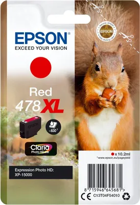 Produktbild von Epson Squirrel 478XL Eichhörnchen Claria Photo HD Single Red Tinte, High (L) Yield, Rot, Tinte auf Farbstoffbasis, 10,2 ml, 1 Stück(e), Einzelpackung