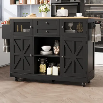 Produktbild von Kücheninsel mit klappbarer Arbeitsplatte, mobiler Küchenwagen mit Rollen, 140 x 40 x 93,5 cm, MDF und Metall, schwarz