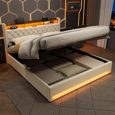 Produktbild von okwish Polsterbett 180×200 mit USB,LED-Beleuchtung und Stauraum-Kopfteil,Jugendbett mit Bettkasten,Doppelbett,Beige,ohne Matratze