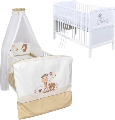 Produktbild von Babybett Komplett Set Max Prince 60x120 weiß Kinderbett umbaubar zum Juniorbett inkl. Bettwäsche Set Komplett (Safari)