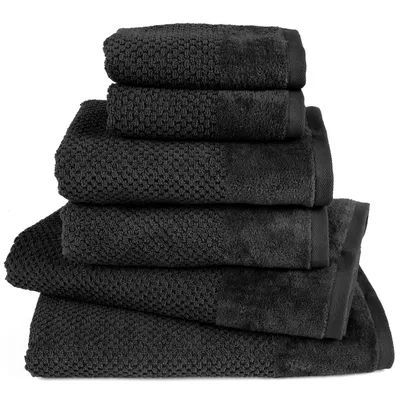 Produktbild von Pure Label 6-TLG Handtücher Set mit Aufhängeschlaufen aus Baumwolle - 2x Badetuch 70x140 cm 2x Handtuch 50x100 cm 2x Gästetuch 30x50 cm, Schwarz