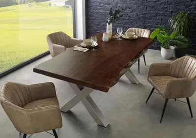 Produktbild von MASSIVMOEBEL24 Baumtisch Akazie 220x100x77 braun lackiert / X-Beine silber matt FREEFORM 5