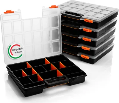 Produktbild von BigDean 6 Stück Sortimentskasten stapelbar 38x33x6cm praktische Sortierbox mit 16 Fächern – Werkzeugkoffer leer Organizer Box Sortierkasten