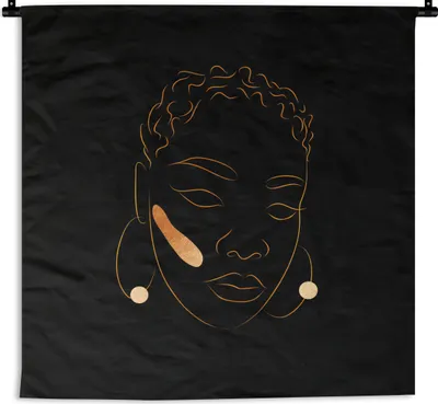 Produktbild von MuchoWow® Wandteppich Wandbehang Frau - Schwarz und Gold - Strichzeichnung 150x150 cm Tapisserie Dekoration Wandtuch - Wohnaccessoires - Modernes