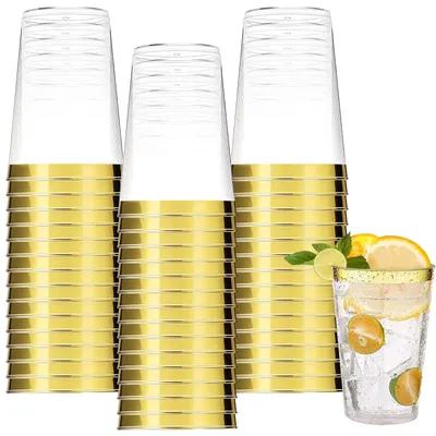 Produktbild von 60 Stück Feierbecher – Wiederverwendbare Plastikbecher – Glühweinbecher – Trinkbecher – 300 ml – Mit goldfarbener Kante