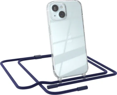 Produktbild von EAZY CASE Handykette für Apple iPhone 15, Clear Case aus Silikon, mit Umhängeband, abnehmbare Endstücke, Handyband in Blau