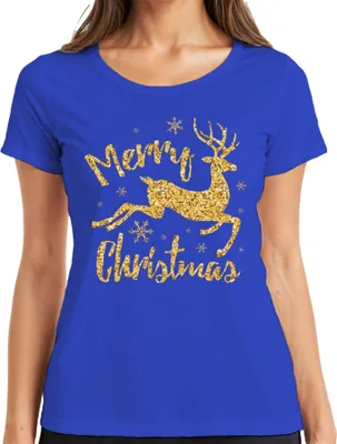 Produktbild von Merry Christmas Rentier Glitzereffekt - Weihnachten Weihnachtsgeschenk Christmas Damen T-Shirt, Blau, M