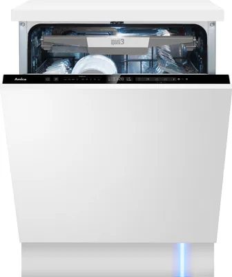 A white, fully integrated dishwasher with the door open, showing the interior and control panel.