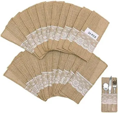 Image de 24 pochettes en jute à bordure, porte-couverts vintage pour les fêtes et le quotidien