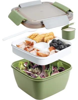 Image de Boîte à lunch Bento avec 3 compartiments et un récipient pour la sauce, étanche, 1500 ml, couleur vert armée