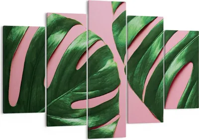 Produktbild von Bild auf Leinwand - Leinwandbild - 5 Teile - Monstera Blatt Rosa - 150x100cm - Wand Bild - Wanddeko - Wandbilder - Leinwanddruck - Bilder - Wanddekoration - Leinwand bilder - Wandbild - EA150x100-4407