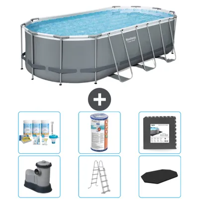 Produktbild von Bestway Oval Power Steel Swimmingpool – 549 x 274 x 122 – Grau – inklusive Pumpe – Leiter – Abdeckung Wartungspaket - Filter - Bodenfliesen