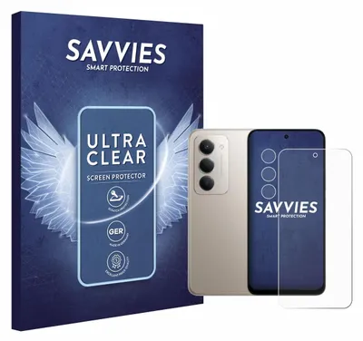 A product shot showing the packaging for a screen protector, a smartphone, and the screen protector itself.
