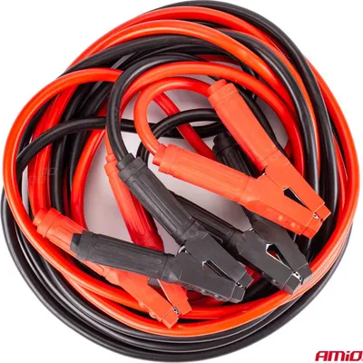 A coiled set of red and black jumper cables with attached clamps.