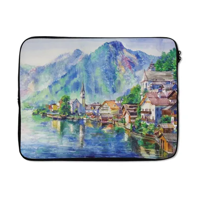 Produktbild von MuchoWow® Laptop Hülle 17 Zoll Laptoptasche Gemälde - Ölfarbe - Haus - Berge - Wasser - Zipper - Schutzabdeckung