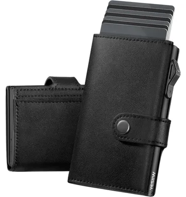 Image de Portefeuille fin pour homme, avec compartiment à pièces magnétique, porte-cartes pop-up pour 7 cartes, 2 cartes d'identité et plus de 12 billets, protection RFID, couleur noire