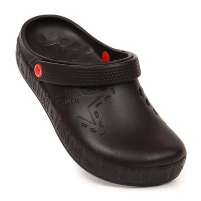 A single black clog shoe is shown against a white background.