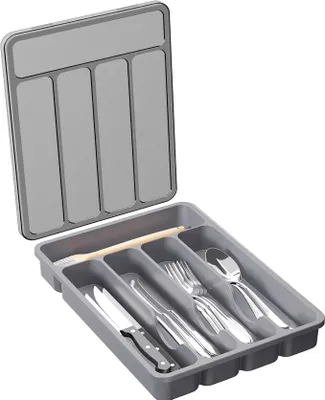 Produktbild von PolkaHome® Besteckkasten mit Deckel, 5 Fächer, Besteckorganizer für Schublade, PP-Kunststoff, Grau