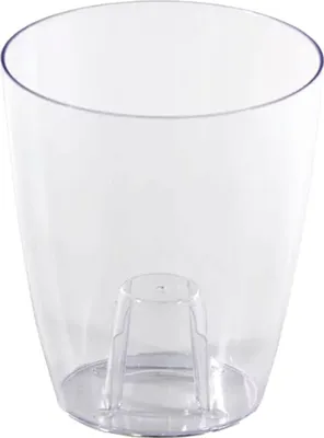 A clear plastic plant pot with an inner support structure.