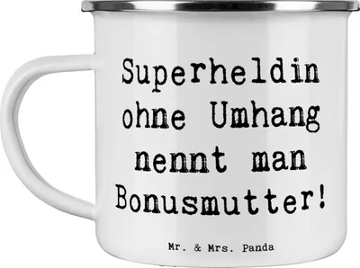 Produktbild von Mr. & Mrs. Panda Emaille Tasse Spruch Bonusmutter Superheld - Weiß - Geschenk, Elternteil, Familie, Unterstützung, becher, Freude, Geburtstage, Anerkennung, Haferl, Pott